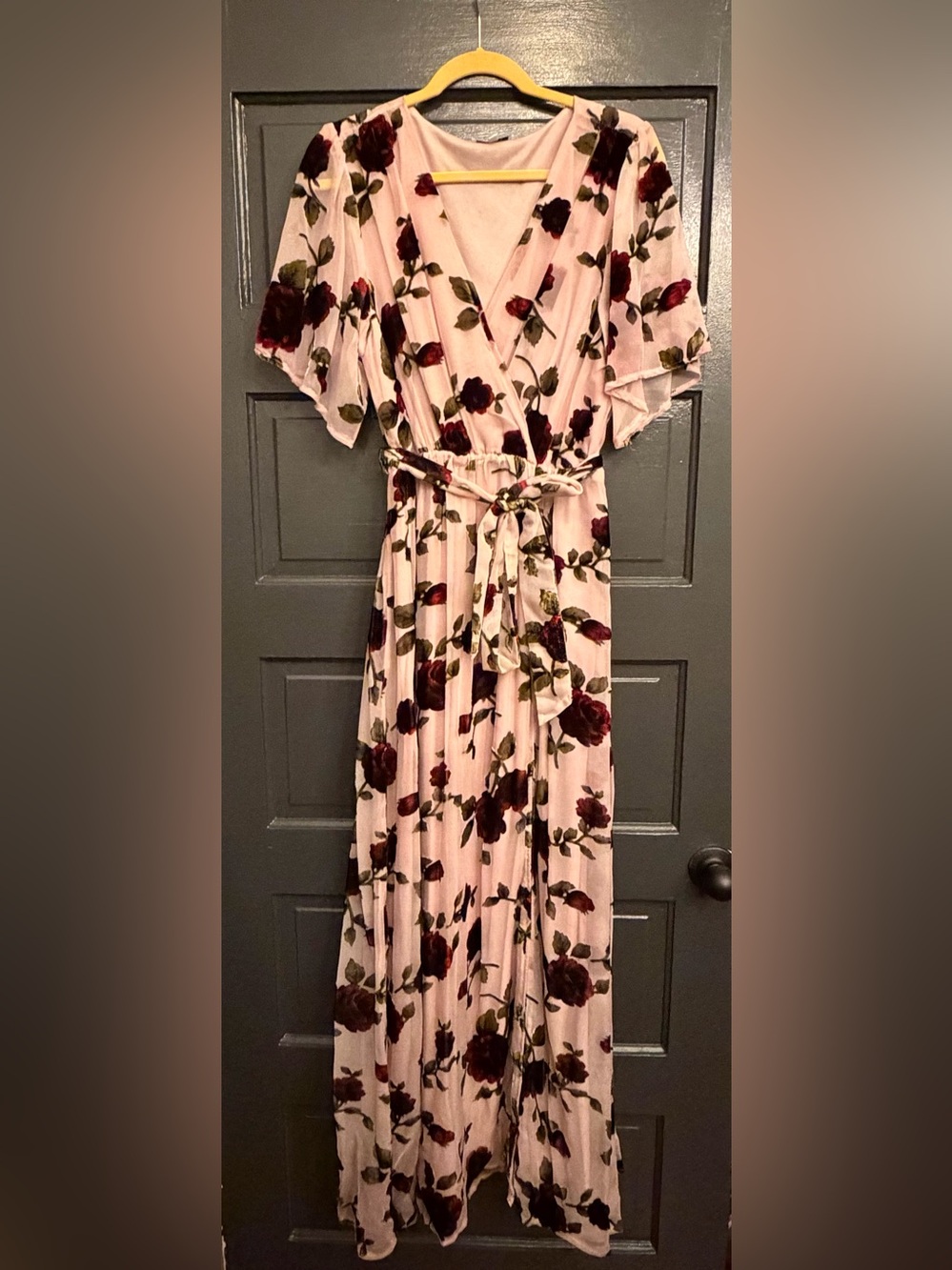 Baltic Born Blush Pink Maxi Dress with Burgundy Rose Print